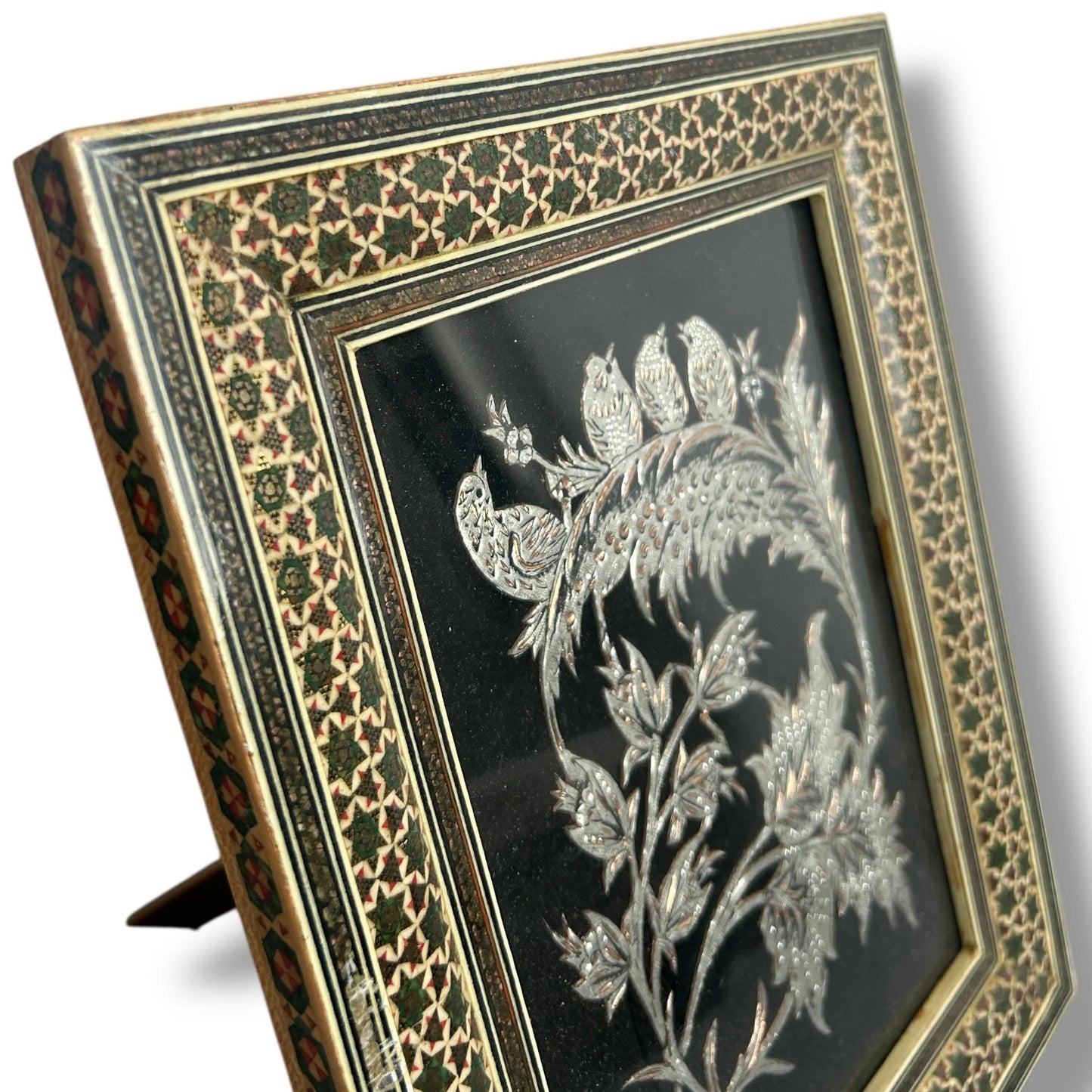 Mid Century Khatam Carved Wood Mosaic Persian Copper Art Frame