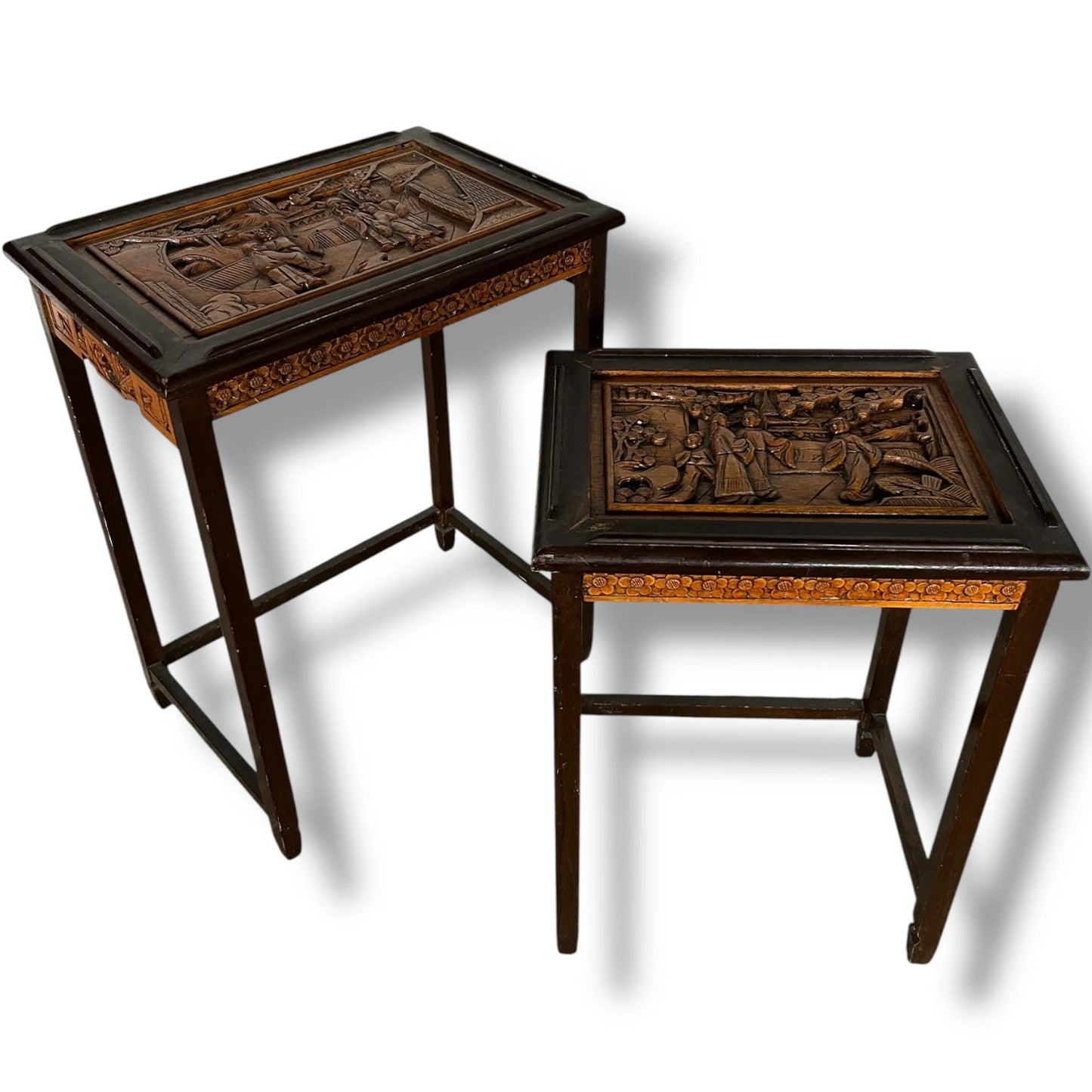 Vintage Chinese Camphor Wood Nest of Tables – Hand Carved Oriental Side Tables, Tall Nesting Tables