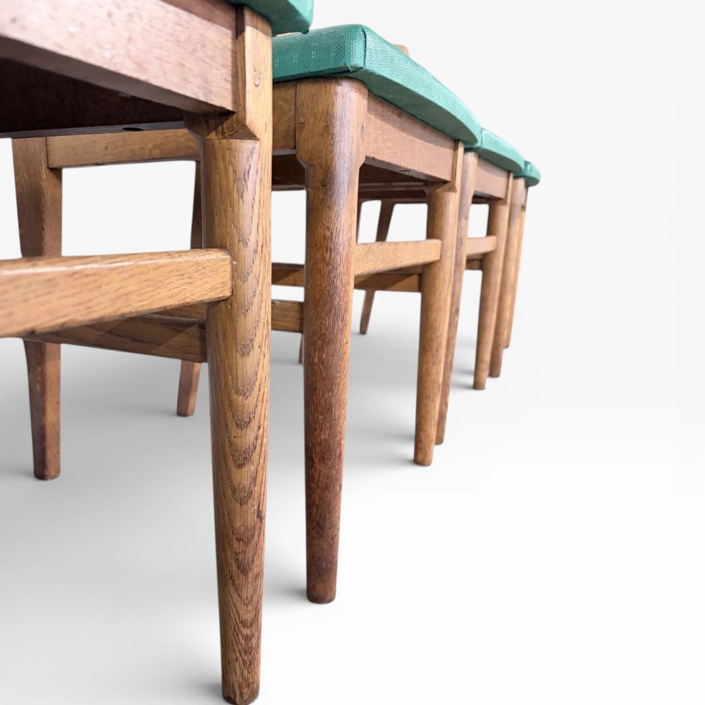 Vintage Oak Dining Chairs - Set of Four Solid Oak Chairs with Green Upholstered Seats