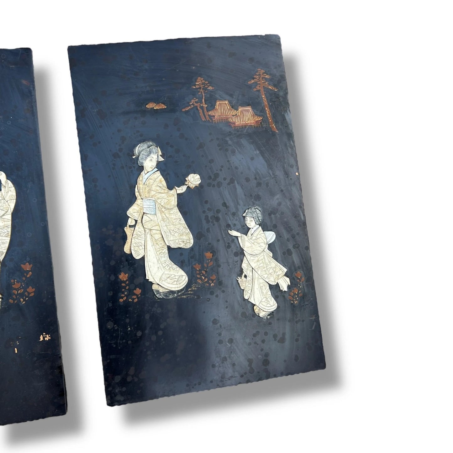 Vintage 1930s Chinese Mother of Pearl Inlay Panels | Antique Hand-Carved Wood Wall Art