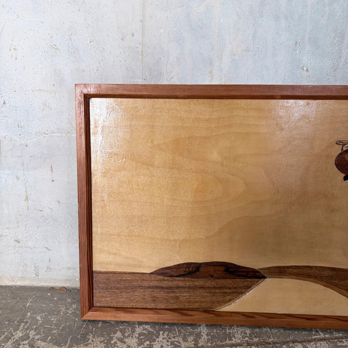 Mid Century Handcrafted Wood Marquetry Landscape Wall Art – Framed