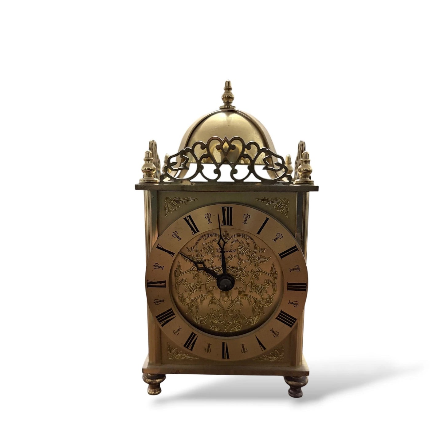 Vintage Brass Lantern Clock by Greenhall | Ornate Wind-Up Mantel Clock with Roman Numerals