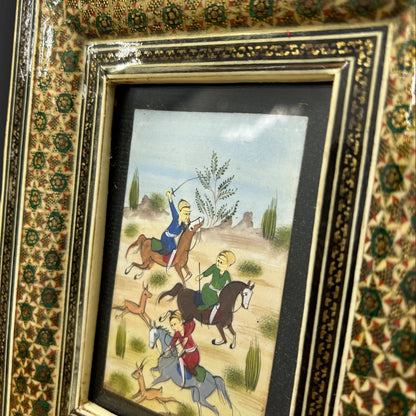 Vintage 1960s Persian Khatam Mosaic Framed Miniature Watercolour Painting