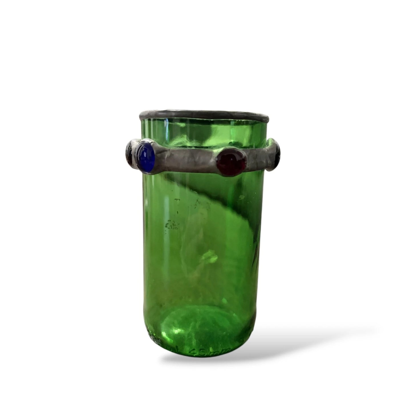 Vintage Green Glass Vase with Pewter Rim | Coloured Jewel Cabochons