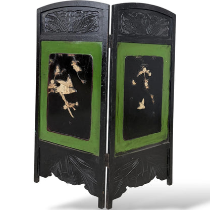 Japanese Lacquered Two-Panel Folding Screen – Hand-Carved & Painted Divider