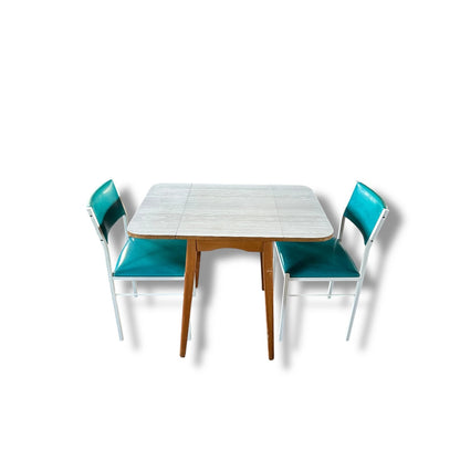 Vintage White Formica Drop Leaf Table with Blue Vinyl Chrome Chairs – Retro Kitchen Dining Set