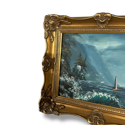 Vintage 1970s Nautical Landscape Oil Painting with a Gilt Frame