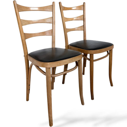 Pair of Bentwood Beech Dining Chairs with Black Vinyl Seats – Mid-Century Style