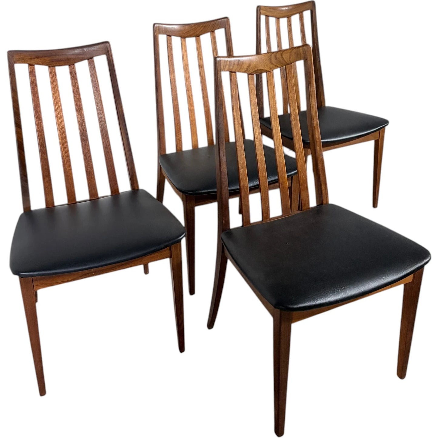 G Plan Teak Dining Chairs - Set of Four Vintage Mid Century Chairs with Black Vinyl Seats