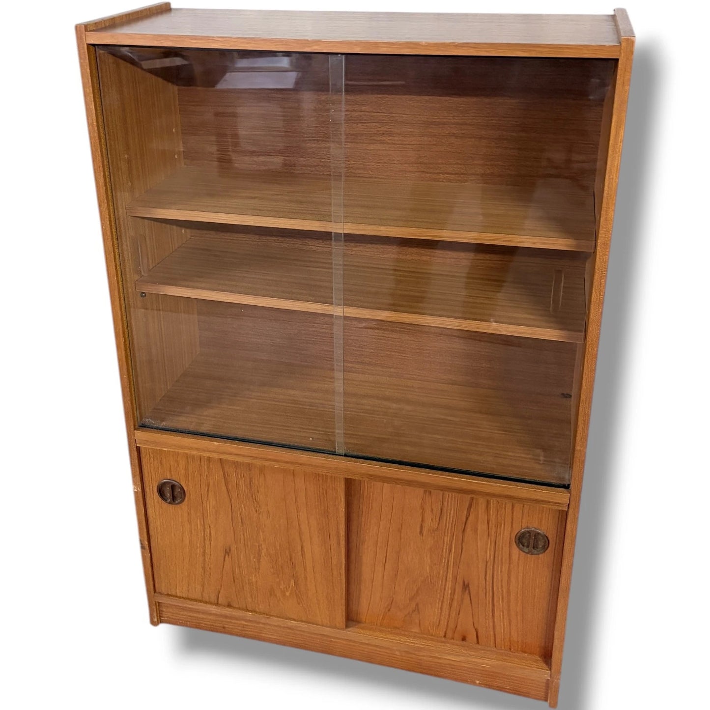Danish Sliding Glass Bookcase | Mid Century Teak Veneer Cabinet With Adjustable Shelving — view 3