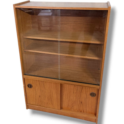 Danish Sliding Glass Bookcase | Mid Century Teak Veneer Cabinet With Adjustable Shelving — view 3