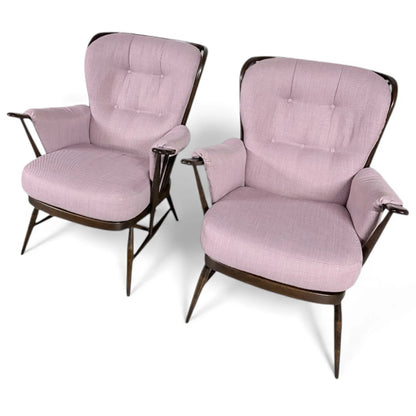 Ercol Everest Armchairs – Mid-Century Dark Beech Chairs with Dusty Pink Upholstery — view 3