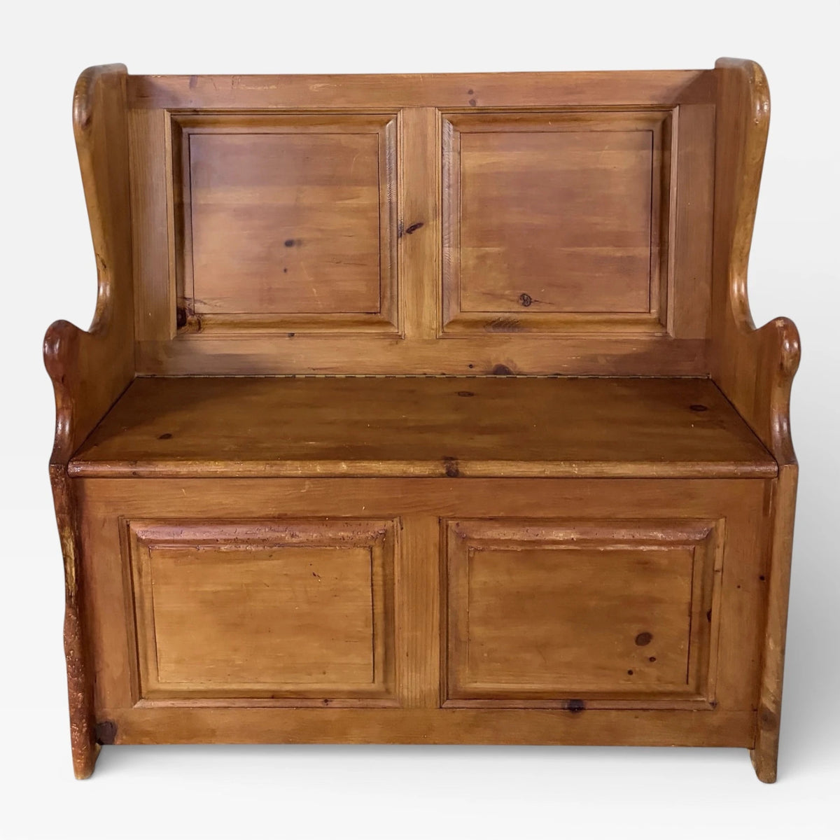 Antique Pine Monks Bench – Rustic Church Pew Style Hallway Storage Seat