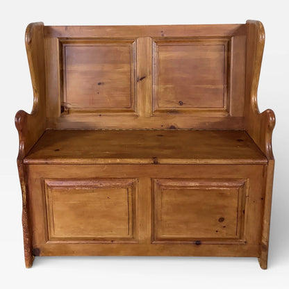 Antique Pine Monks Bench – Rustic Church Pew Style Hallway Storage Seat