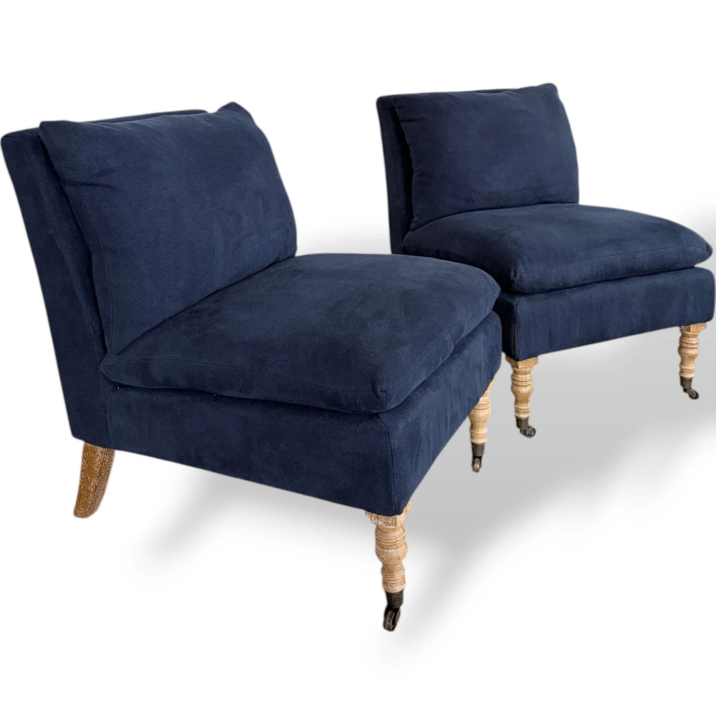 Upholstered Lounge Chairs – Pair of Navy Blue Classic Fabric Armchairs with Wooden Legs