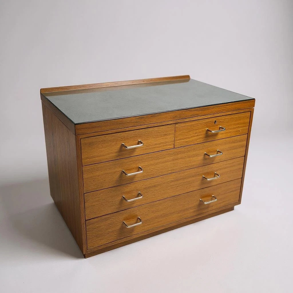 Mid Century Industrial Teak Chest of Drawers | MoD Military Cabinet with White Formica Top