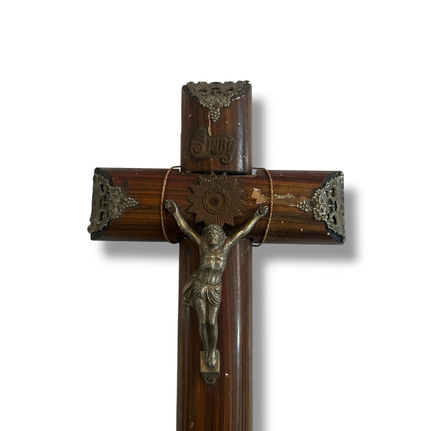 Vintage 1960s Dutch Carved Wood Crucifix | Brass Jesus Christ Wall Cross