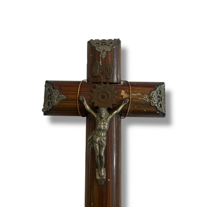 Vintage 1960s Dutch Carved Wood Crucifix | Brass Jesus Christ Wall Cross