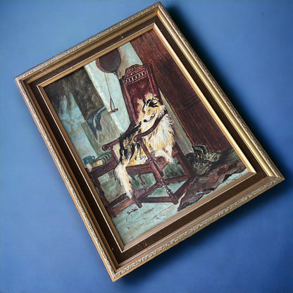 Vintage 1990s Dog Still Life Oil Painting