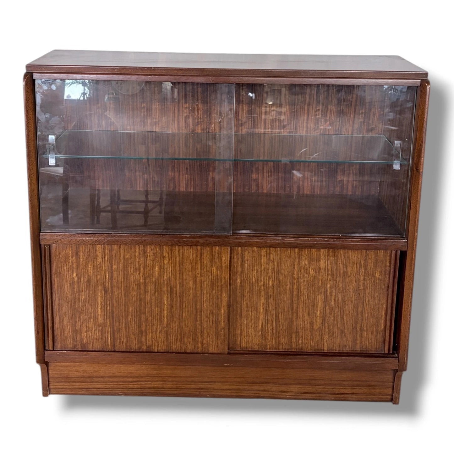 Vintage Sliding Door Bookcase | Mid Century Wooden Display Cabinet With Adjustable Glass Shelves