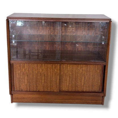 Vintage Sliding Door Bookcase | Mid Century Wooden Display Cabinet With Adjustable Glass Shelves