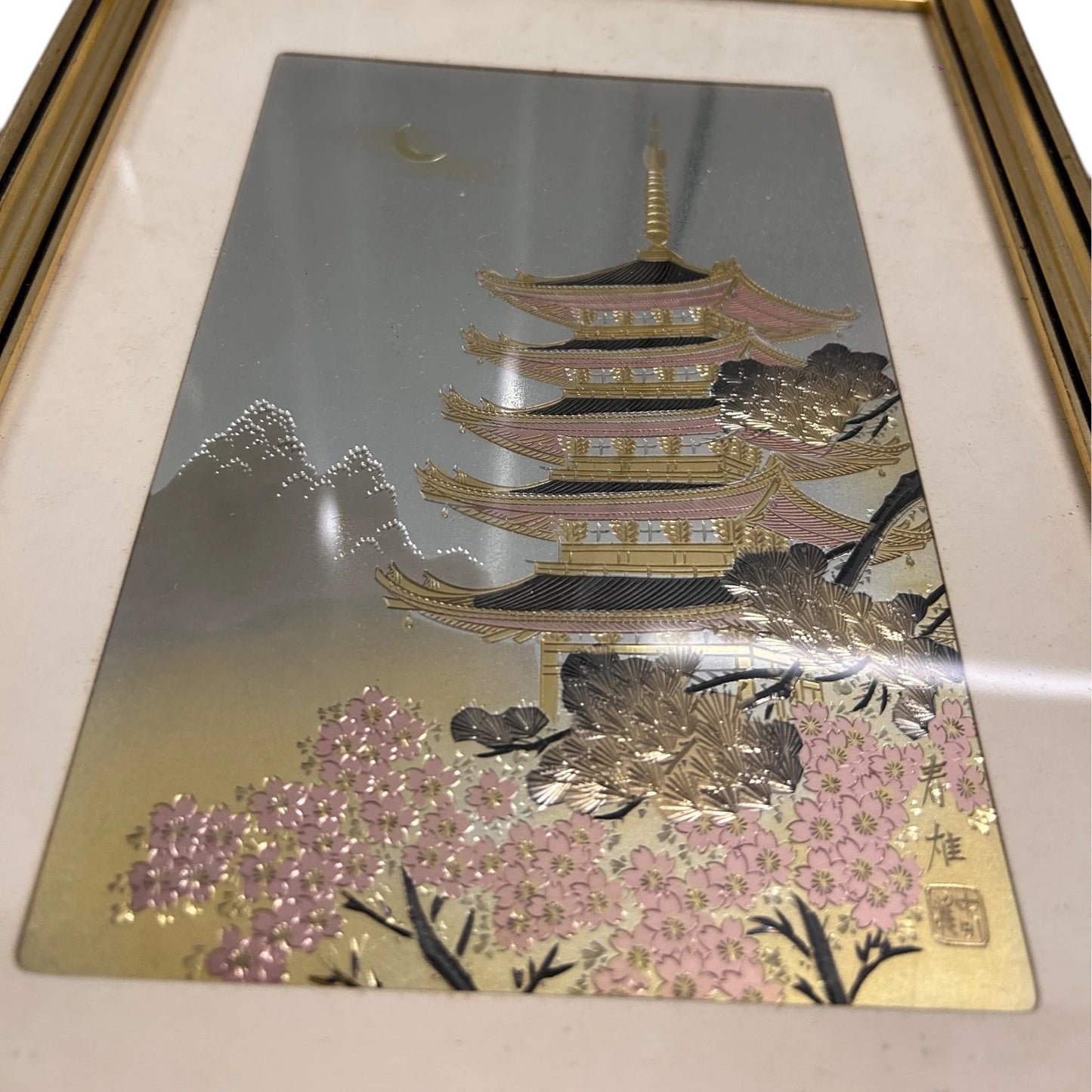 Vintage 1960s Japanese pagoda gold foil painting