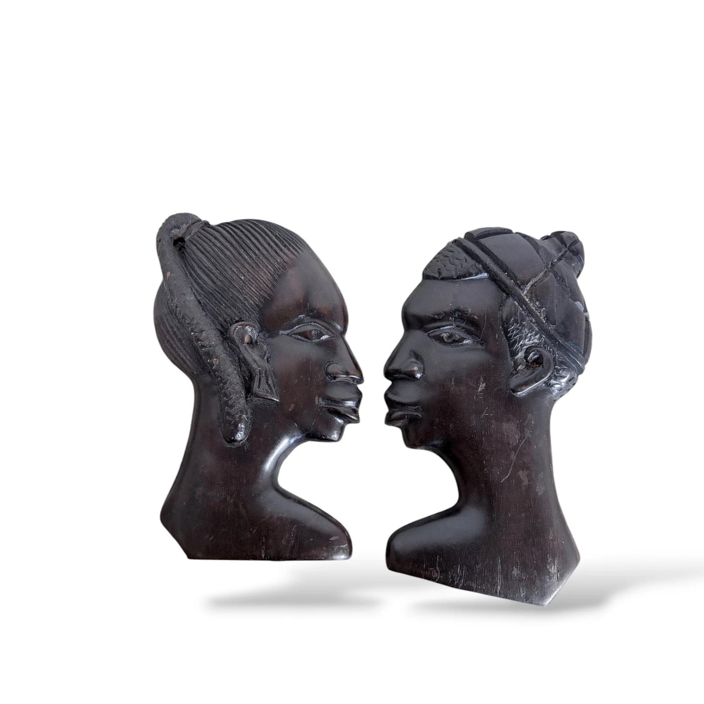 Pair of Vintage Ebonised Wood Busts – Hand-Carved African Figures