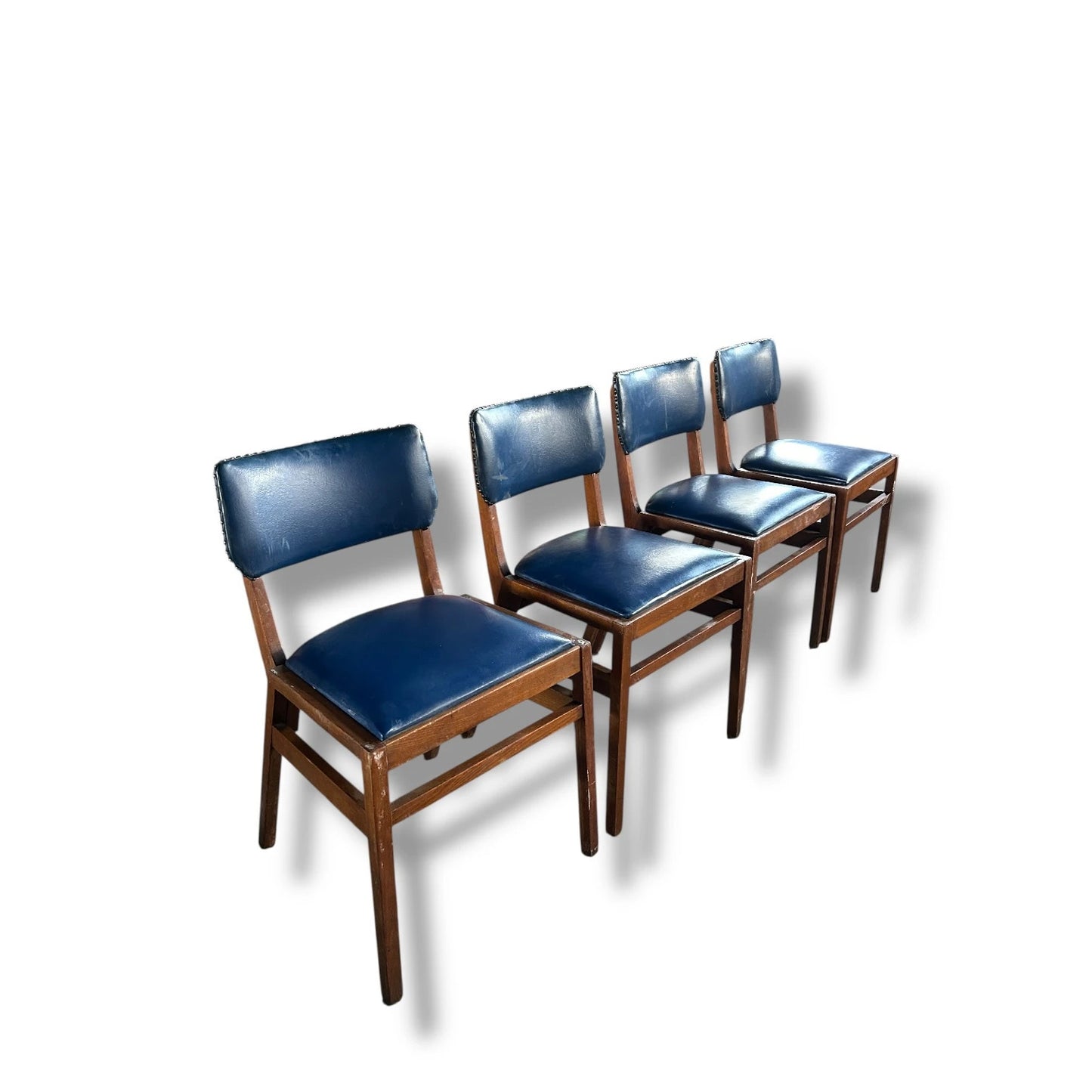 Set of 4 Vintage 1960s Ben Stoe Stacking Dining Chairs – Blue Vinyl & Teak Frame