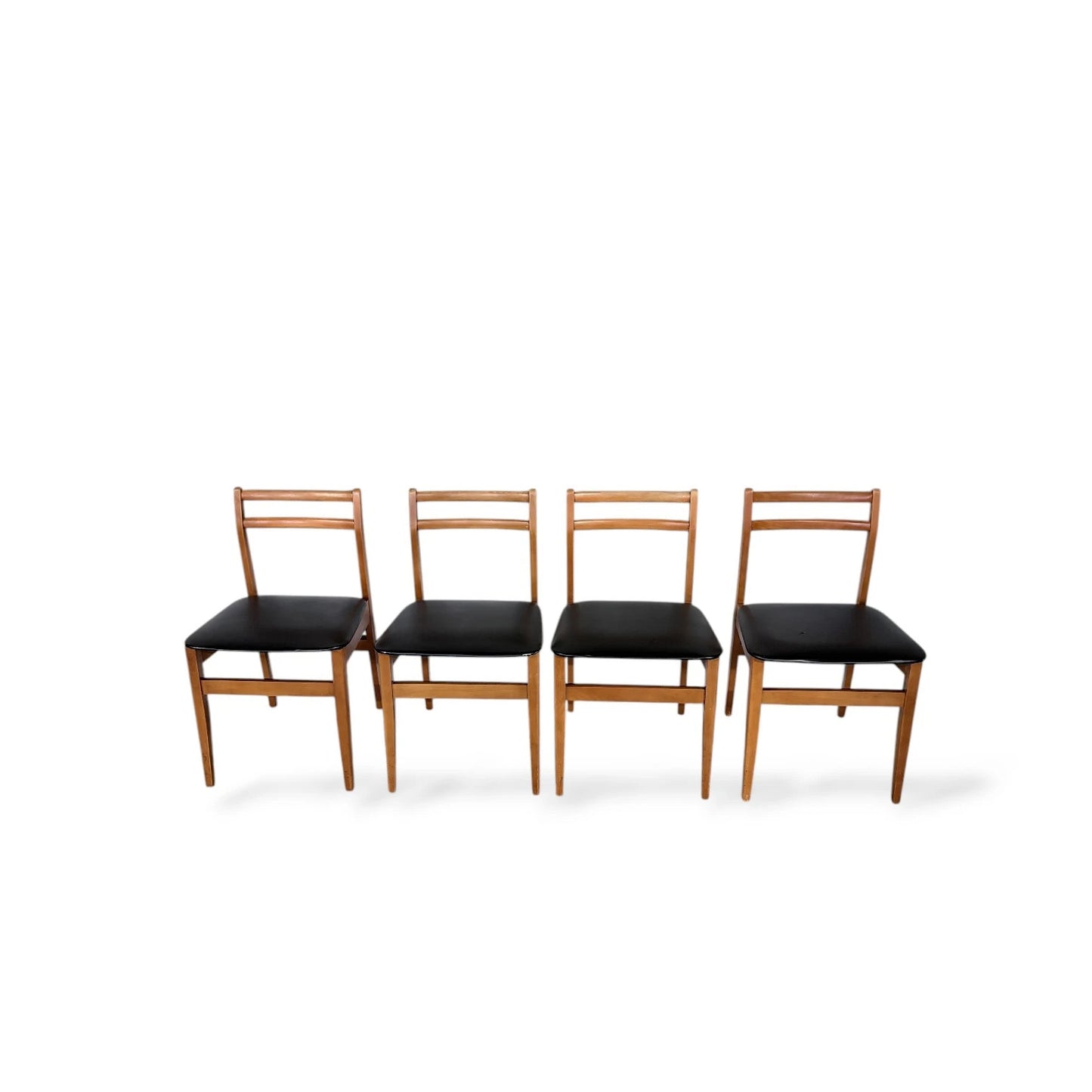 Set of 4 Mid-Century Beech Dining Chairs with Black Vinyl Seats