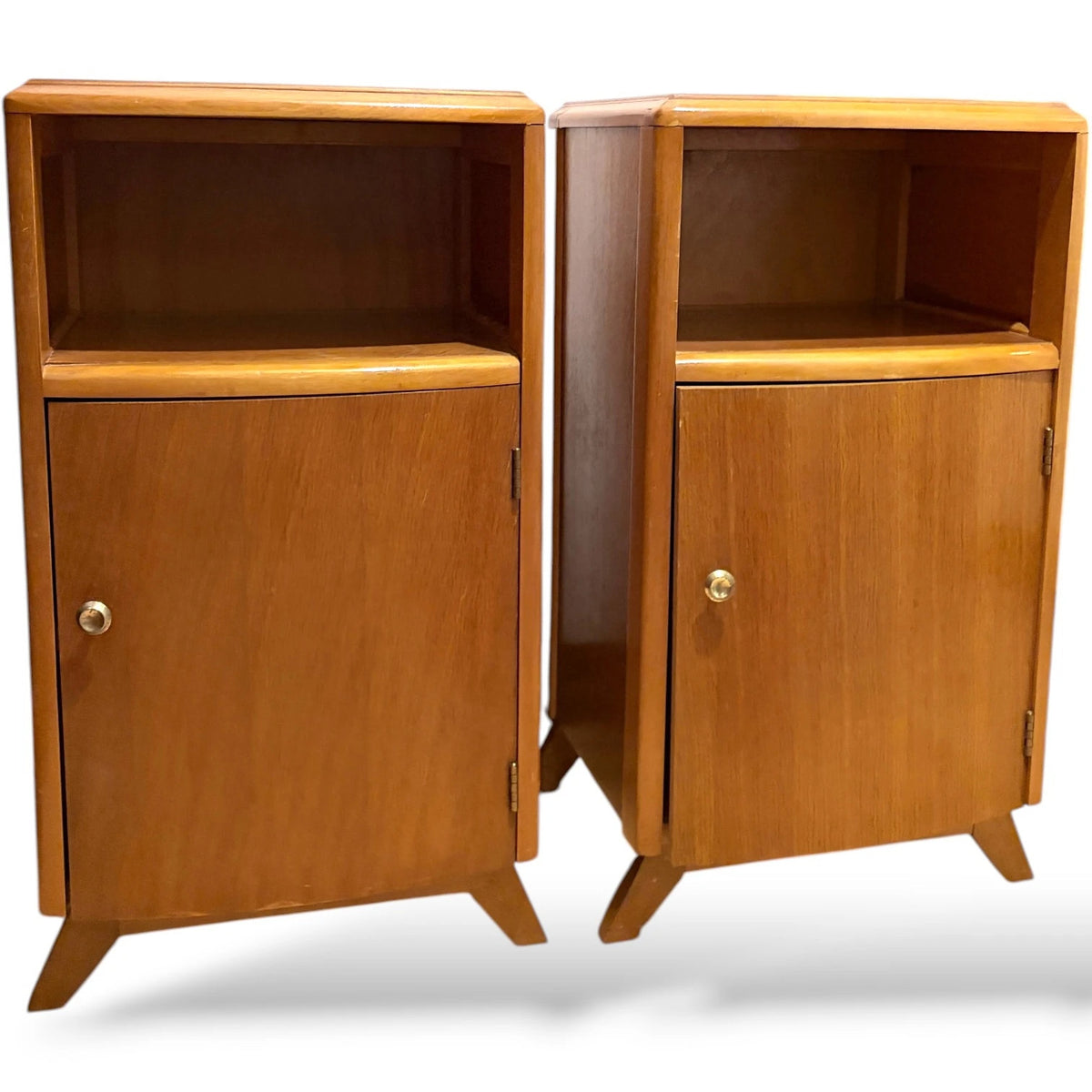 Mid Century Bedside Cabinets – Compact Oak Nightstands with Cupboard Storage Pair