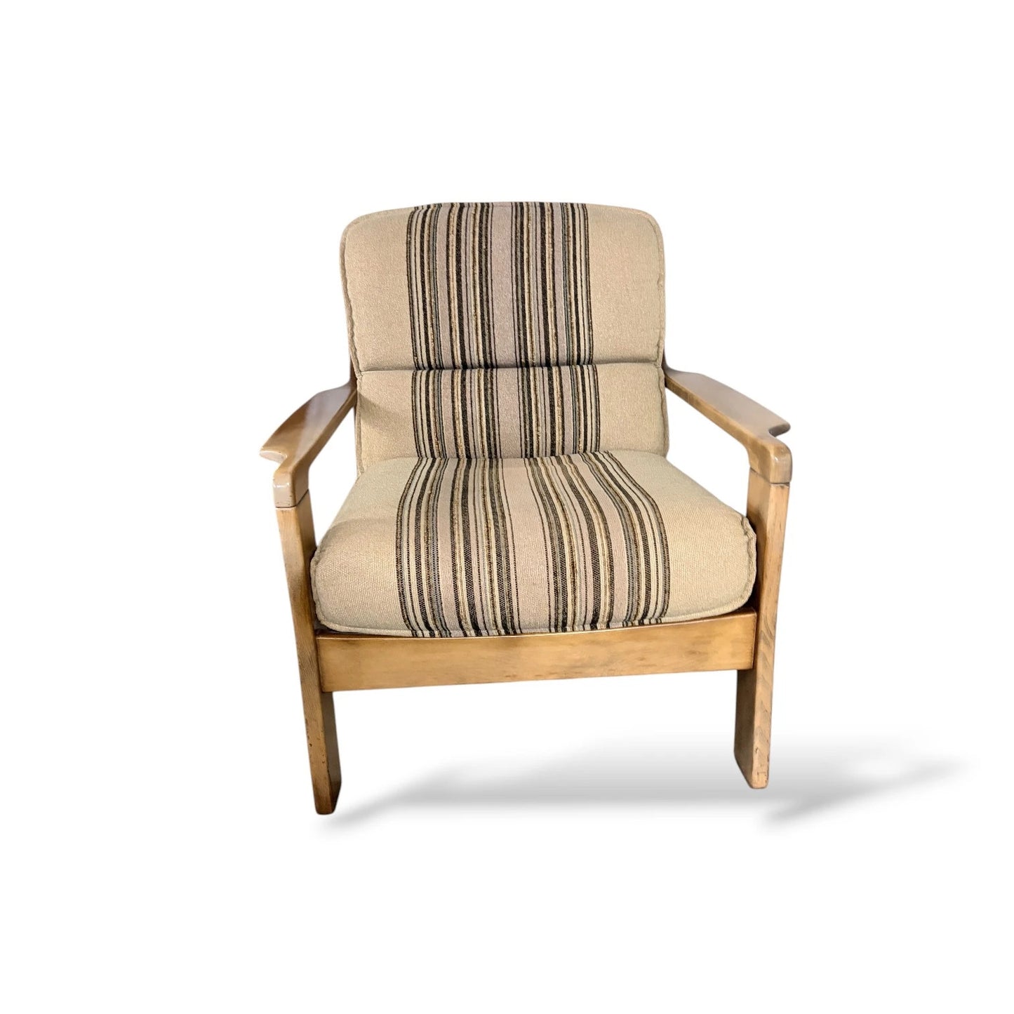 Danish Mid-Century Armchair | Solid Wood Frame & Striped Fabric Upholstery