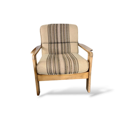 Danish Mid-Century Armchair | Solid Wood Frame & Striped Fabric Upholstery
