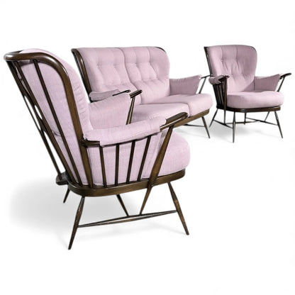 Ercol Everest Suite – Mid Century Living Room Set | Dusty Pink Sofa & Solid Beech Armchairs