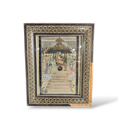 Framed Islamic Manuscript Miniature – Persian Court Scene in Khatam Marquetry Frame