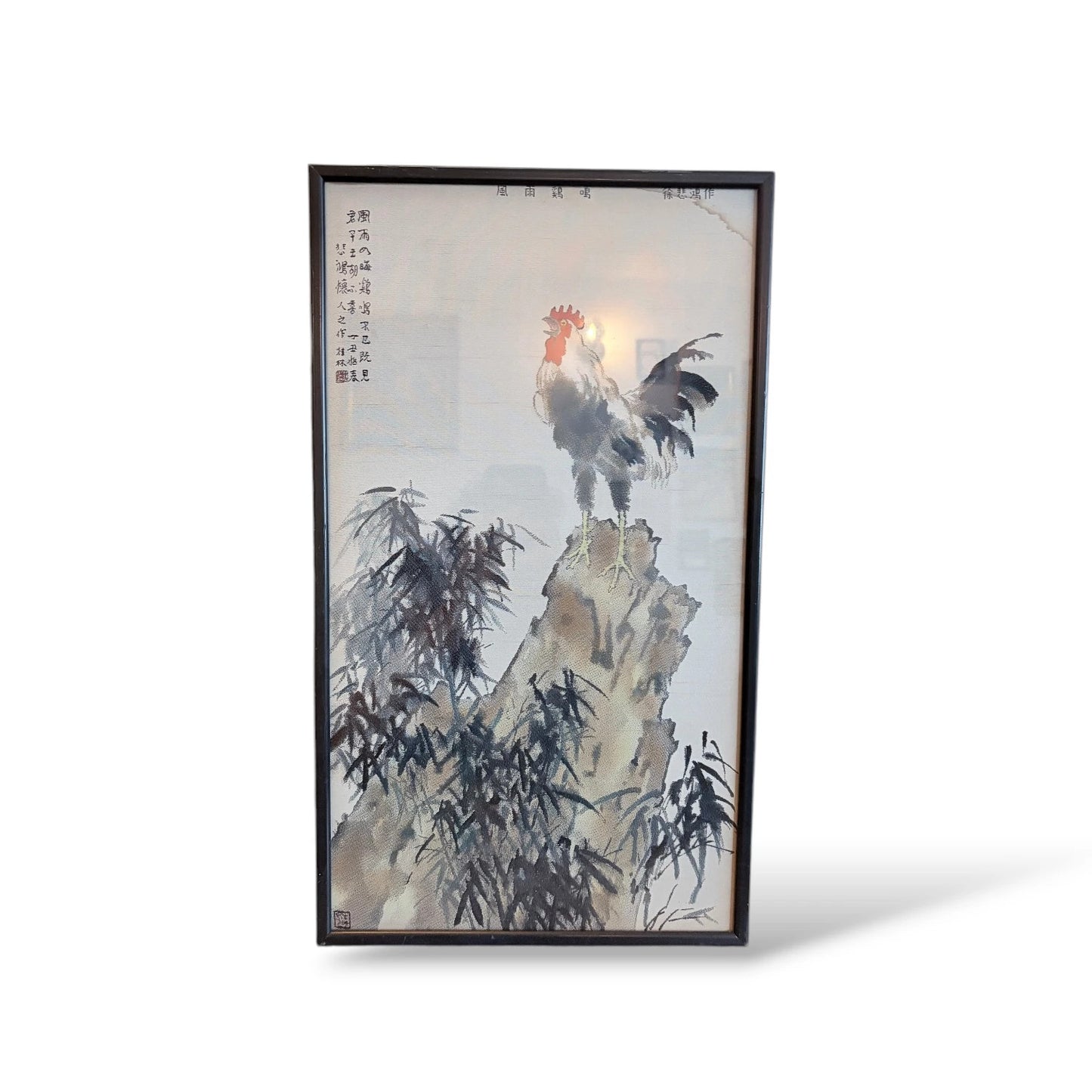 Framed Oriental Rooster Painting – Vintage Ink Wash Art on Silk