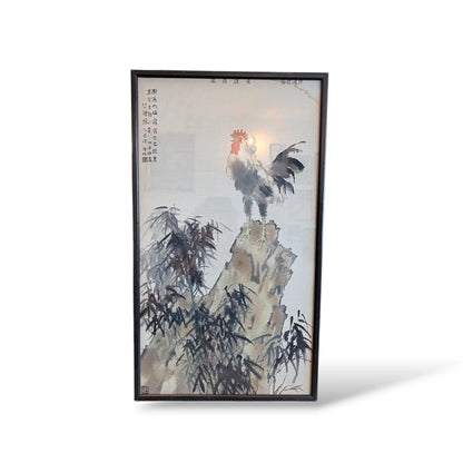 Framed Oriental Rooster Painting – Vintage Ink Wash Art on Silk