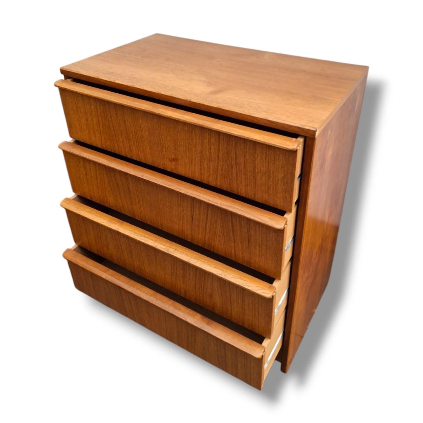 Mid-Century Teak Chest | Vintage Four Drawer Dresser With Solid Wood Handles