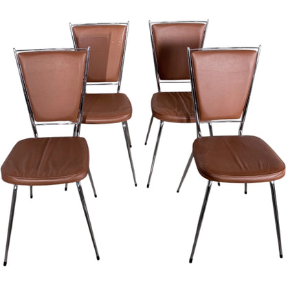 Chrome Dining Chairs - Set of Four Vintage 1970s French Leatherette Upholstery