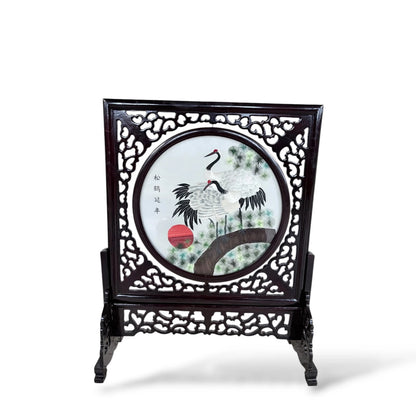 Japanese Embroidered Silk Panel – Red-Crowned Cranes in Rotating Wooden Frame