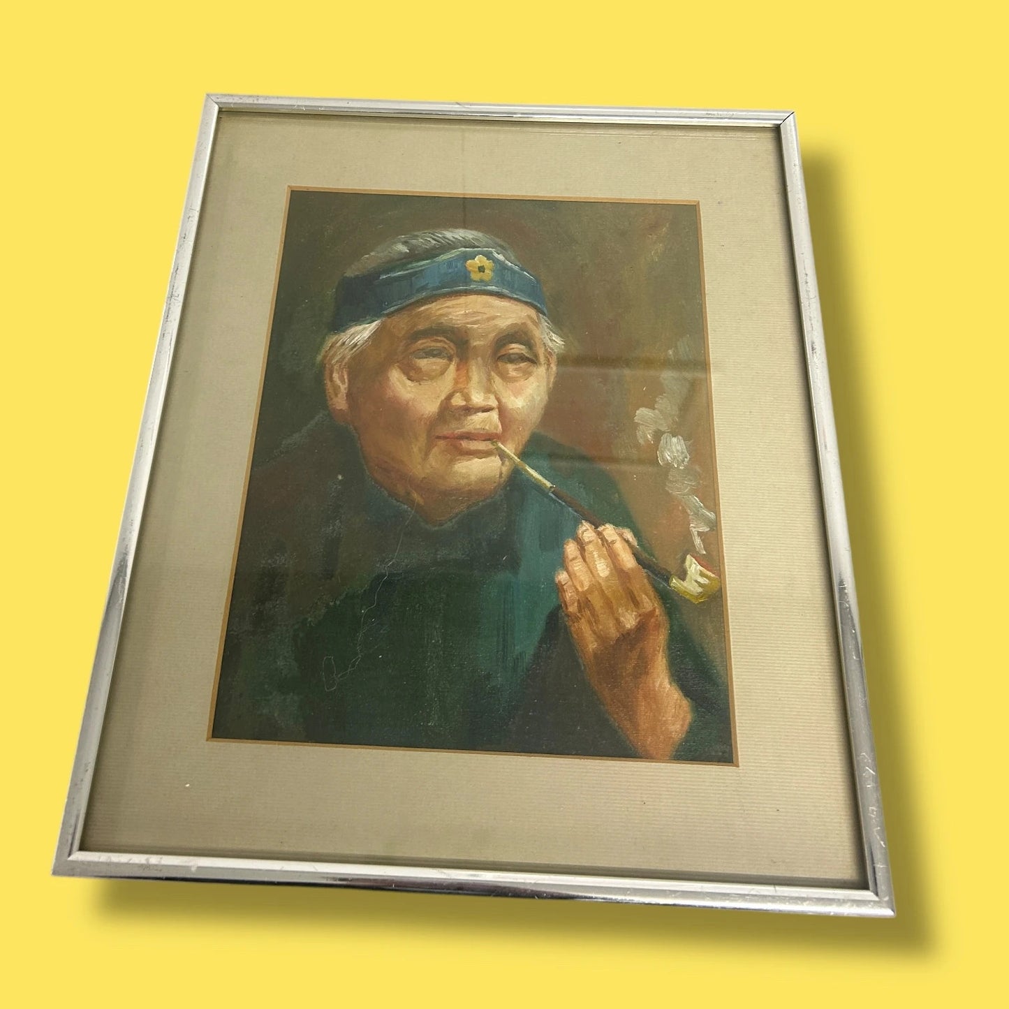 Vintage 1970s Asian Old Man Oil Painting