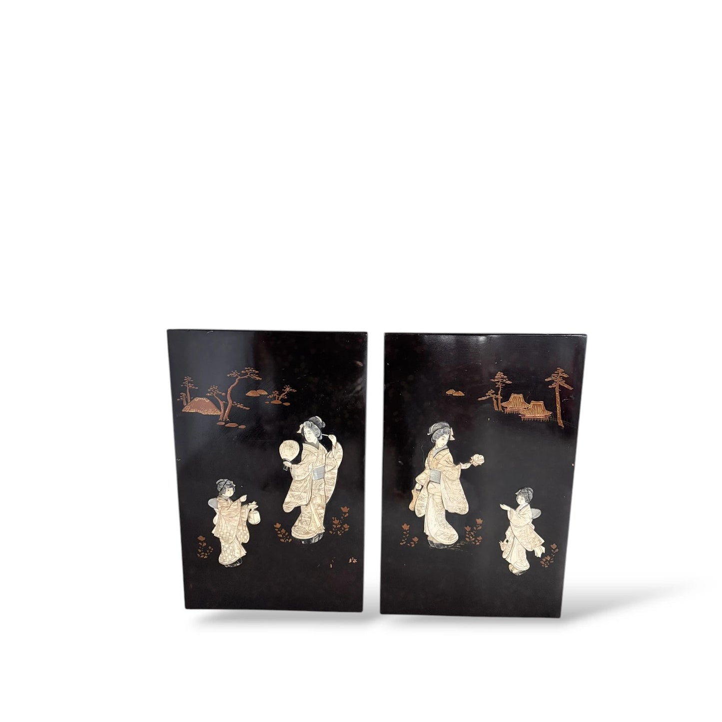 Pair of Vintage Japanese Mother-of-Pearl Panels – Ebonised Wood