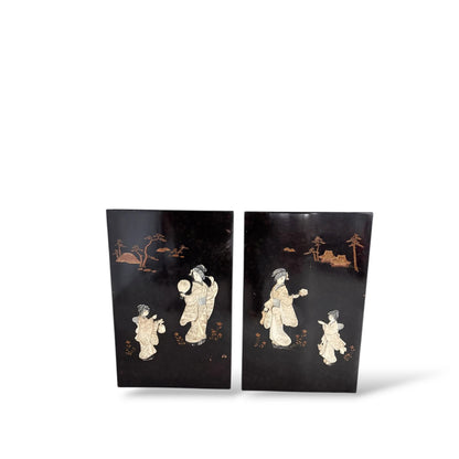 Pair of Vintage Japanese Mother-of-Pearl Panels – Ebonised Wood