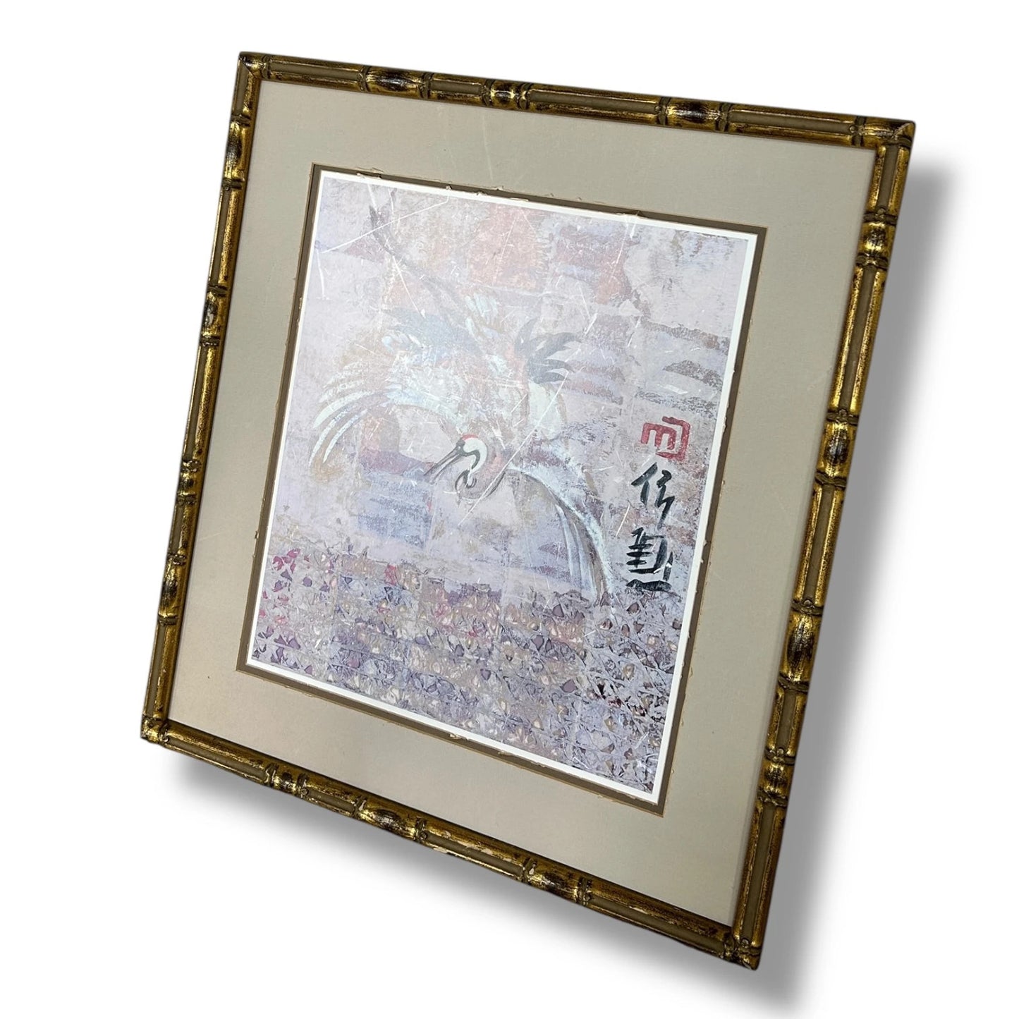 Vintage Bamboo Frame Wall Art – Crane Painting Print