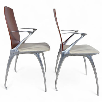 Pair of Japanese ‘Blade Runner’ Sculptural Chairs – Aluminium & Wood Futuristic Design