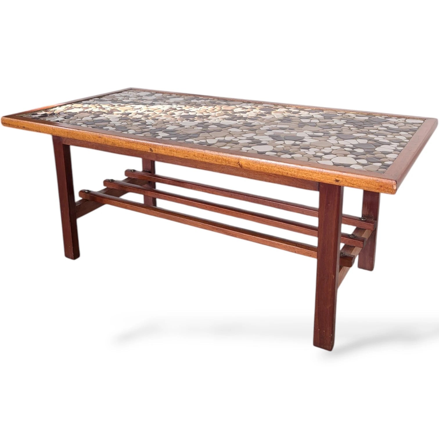 Mid-Century Coffee Table – Teak Wood & Pebble Tile, Durable Heat Resistant Surface — view 3