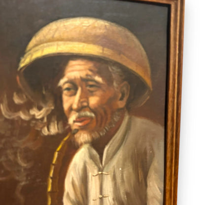 Vintage 1970s Chinese Old Man Oil Painting