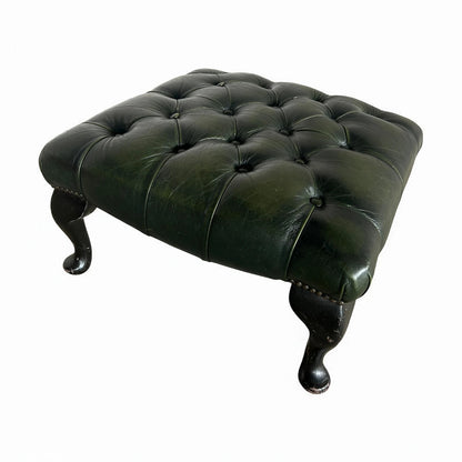 Mid Century Modern Dark Green Leather Chesterfield Foot Stool
