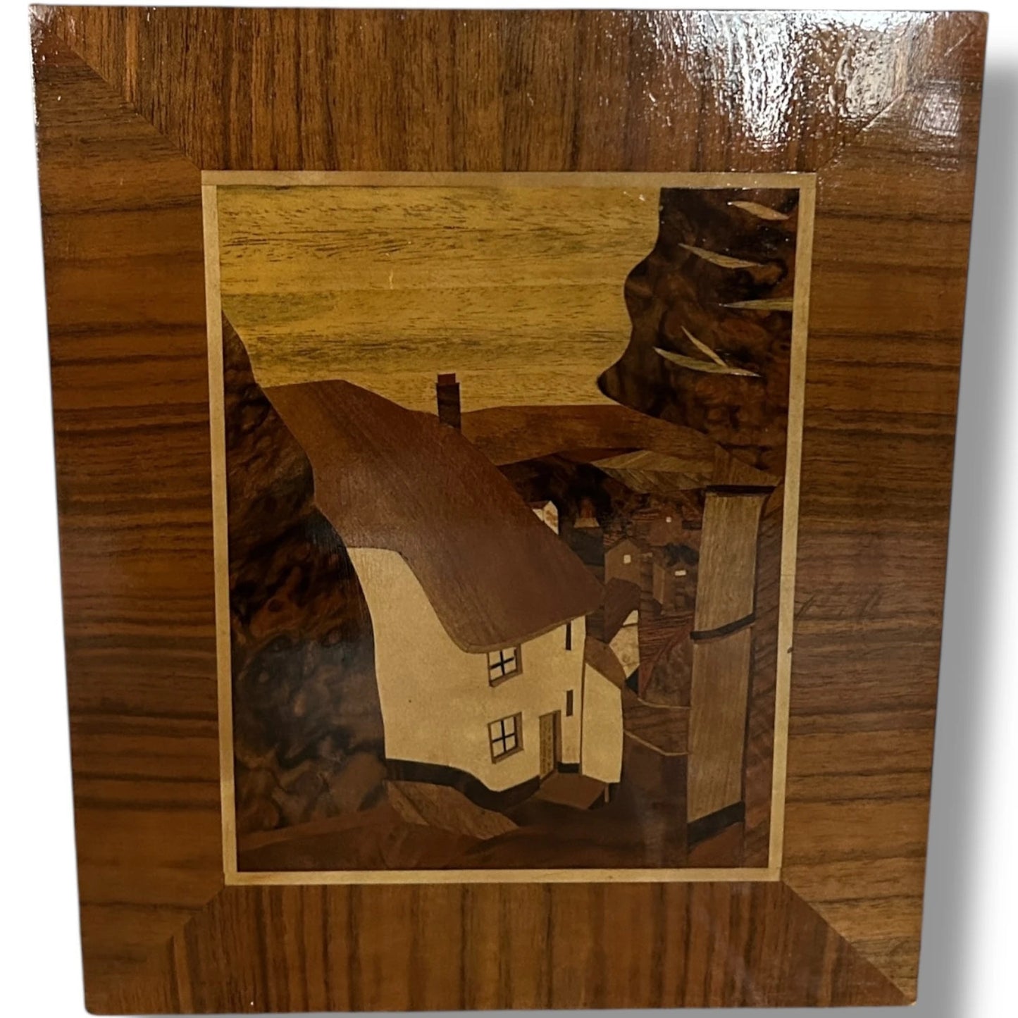 Mid-Century Marquetry Artwork – Rustic House Landscape in Wood Veneer