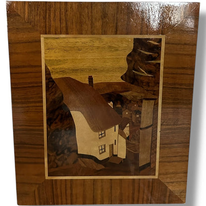Mid-Century Marquetry Artwork – Rustic House Landscape in Wood Veneer