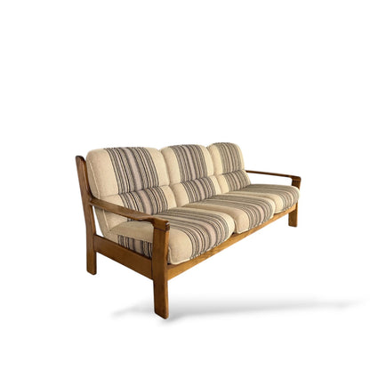 Danish Mid-Century Three-Seater Sofa | Brutalist Solid Wood Frame | Striped Woven Upholstery